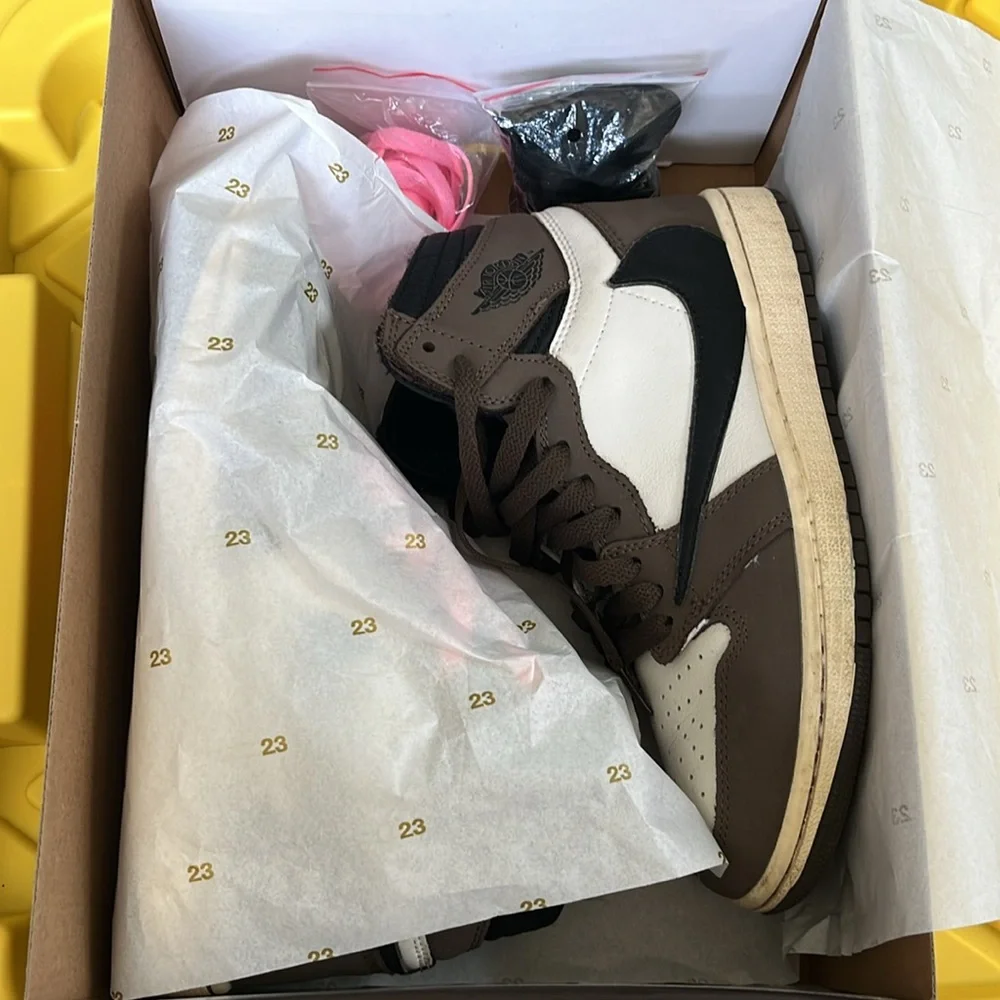 Jordan Men’s High-Top Sneakers in Brown, Black, White with Pink Laces